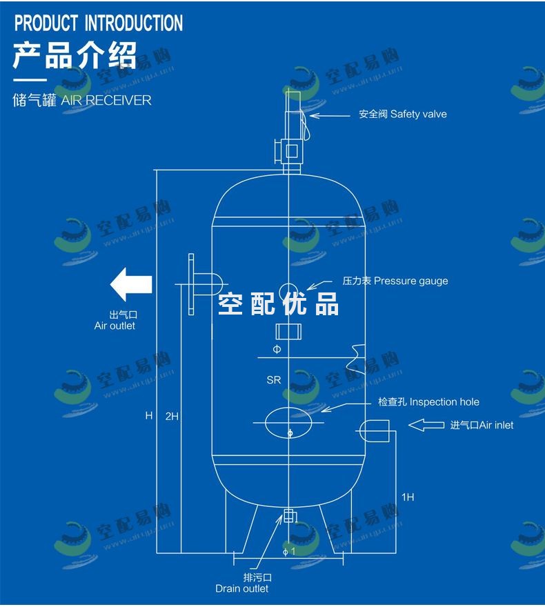 百年申江C-25.0/0.8储气罐 25立方8公斤常压不锈钢储气罐-法兰连接